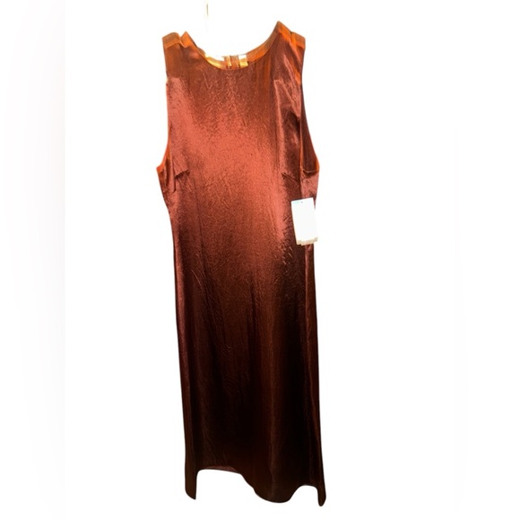 Vince Sleeveless Satin Cinnamon Red Knee Length Crewneck Shift Dress NEW FLAWED - Picture 2 of 11